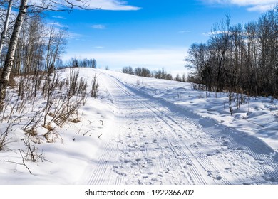 Groomed ski track with walkers foot prints  leading to the top of small hill
