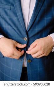  Groom's Hands On Blue Suit. Close Up Photo. Groom's Morning Preparation Details