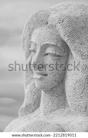 Grooved facial features of a mermaid sculpted from sand at a sandsculpting festival on the Gulf Coast of west central Florida, in black and white