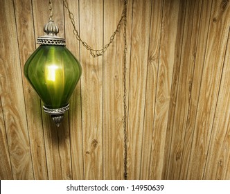 Groovy Wood Paneling And Hanging Green Lamp Background