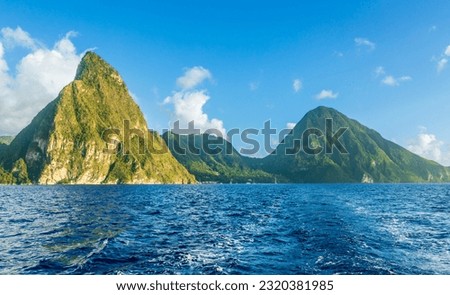 Gros and Petite Pitons mountains view from the sea, Saint  Lucia, West Indies, Caribbean sea