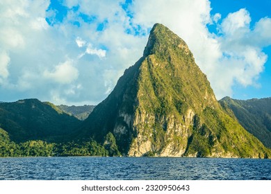 Gros Piton mountain view from the sea, Saint  Lucia, West Indies, Caribbean sea