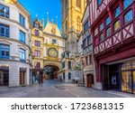 The Gros-Horloge (Great-Clock) is a fourteenth-century astronomical clock in Rouen, Normandy, France. Architecture and landmarks of Rouen. Cozy cityscape of Rouen
