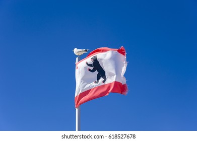 GROSSENBRODE, GERMANY - MAY 25, 2011: The land flag of Berlin with gull on the sea bridge at the south beach in Grossenbrode