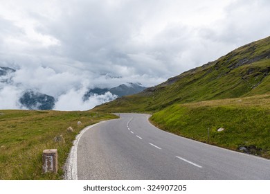 The Grossglockner high Alpine road in overcast foggy weather