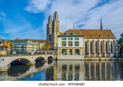 Grossmunster (The Great Cathedral) Is The Most Representative Landmark Of Zurich City, Switzerland.
