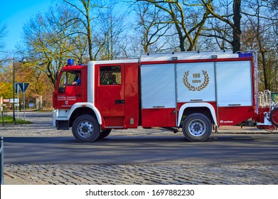 Grossziethen, Germany - April 6, 2020: Fire Engine Of The Volunteer Fire Brigade On The Way To A Deployment Site.