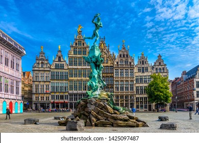 The Grote Markt (Great Market Square) of Antwerpen (Antwerp), Belgium. It is a town square situated in the heart of the old city quarter of Antwerpen. Cityscape of Antwerp.