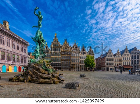 The Grote Markt (Great Market Square) of Antwerpen (Antwerp), Belgium. It is a town square situated in the heart of the old city quarter of Antwerpen. Cityscape of Antwerp.