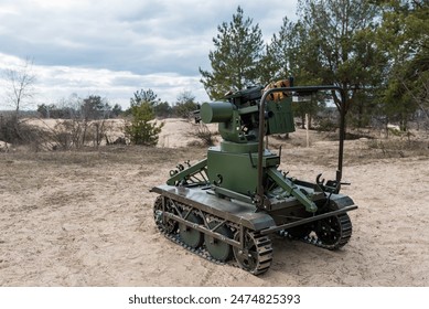 Ground armed robot, drone with machine gun