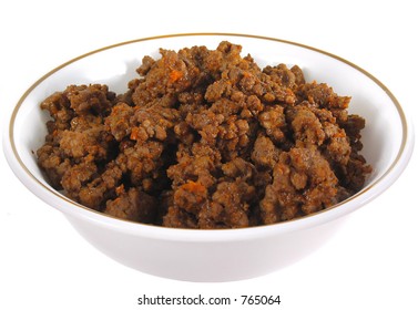 Ground Beef In A Bowl Isolated.