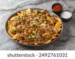 Ground Beef and Cheese Nachos with jalapeno peppers, herbs and sauces closeup on the plate on the table. Horizontal
