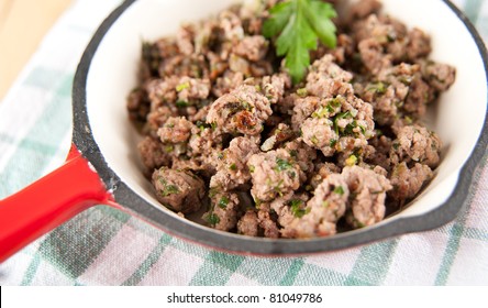 Ground Beef Fried In Cast Iron Skillet