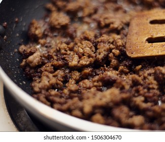 Ground Beef Isolated Simmering Closeup With Bokeh