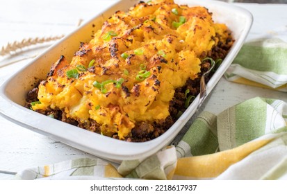 Ground Beef Pumpkin Casserole On White Background