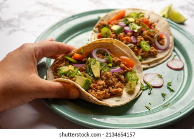 Ground Beef Tacos With Avocado And Bell Peppers. Traditional Mexican Food