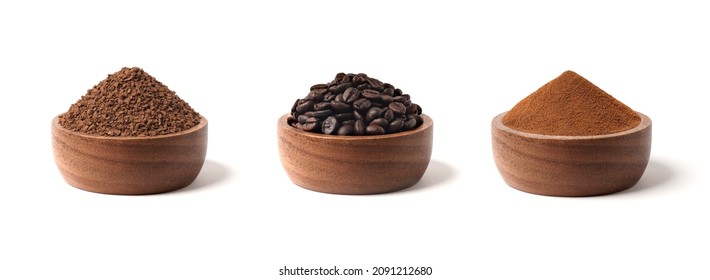 ground coffee and beans coffee in bowl isolated on white background. - Shutterstock ID 2091212680