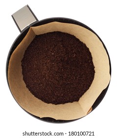 Ground Coffee In Filter Holder Isolated On White Background Overhead View