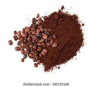 ground coffee and grain isolated on white background