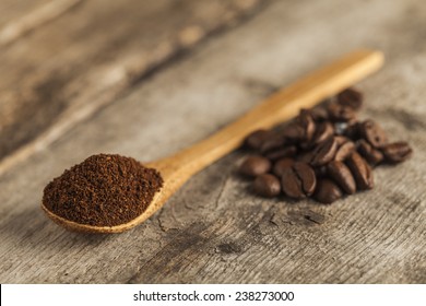 Ground Coffee On A Wooden Spoon 
