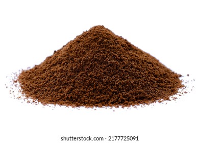 Ground coffee, powder, isolated on white background. Pile of instant coffee isolated on white. Ground, instant coffee isolated on white background. Heap of coffee powder on a white background. - Shutterstock ID 2177725091