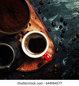 Ground Coffee, Turkish Coffee Maker, Cup With Hot Espresso, Dark Background, Top View