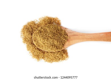 Ground Cumin Powder In Wooden Spoon Isolated On White Background