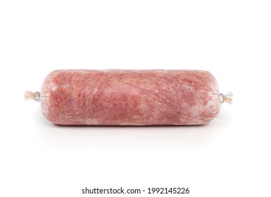 Ground Frozen Chicken Sausage Roll. Human Grade Raw Meat Inclusive Back, Neck, Liver And Heart. Concept For Barf, Raw Food Diet For Cats, Dogs And Pets. Isolated On White.