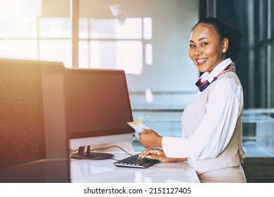 Ground Hostess Airport Reception At Airline Check In Counter Staff Worker The Happy Smiling