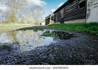 Ground level view of a puddle of water seen in an old English farm after a heavy storm. Stables and wooden outbuildings once housed horses and livestock.