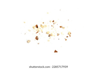 Ground, milled, crushed or granulated almonds.Crushed almonds isolated on white background closeup. Grated almond seeds.