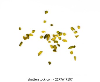 Ground, milled, crushed or granulated pistachio pile isolated on white background - Shutterstock ID 2177649107
