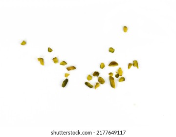 Ground, milled, crushed or granulated pistachio pile isolated on white background - Shutterstock ID 2177649117