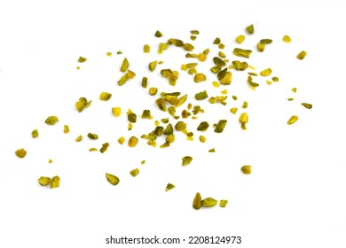 Ground, milled, crushed or granulated pistachio pile isolated on white background - Shutterstock ID 2208124973