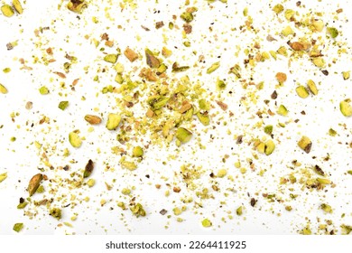 Ground, milled, crushed or granulated pistachio pile isolated on white background - Shutterstock ID 2264411925