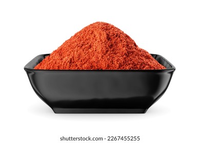Ground red pepper in black square bowl isolated on white background. Front view. - Shutterstock ID 2267455255