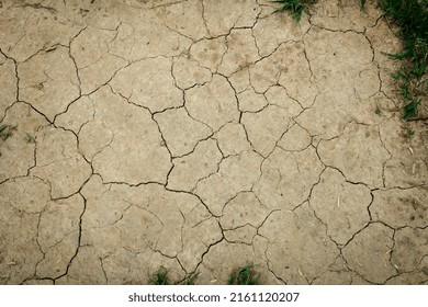 Ground Texture With Cracks And Grass, Land Without Water, Top View