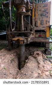 Ground Water Hole Drilling Machine Installed On The Old Truck. Ground Water Drilling Machine Installed In Rural