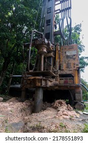 Ground Water Hole Drilling Machine Installed On The Old Truck. Ground Water Drilling Machine Installed In Rural