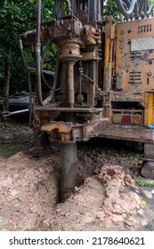 Ground Water Hole Drilling Machine Installed On The Old Truck. Ground Water Drilling Machine Installed In Rural