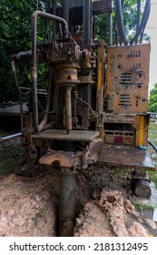 Ground Water Hole Drilling Machine Installed On The Old Truck. Ground Water Drilling Machine Installed In Rural