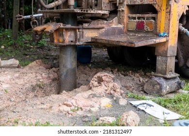 Ground Water Hole Drilling Machine Installed On The Old Truck. Ground Water Drilling Machine Installed In Rural