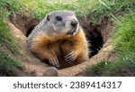 Groundhog coming out of its burrow.