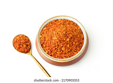 Groundnut Chutney Pudi, Podi Or Peanut Masala Powder In A Spoon And Bowl