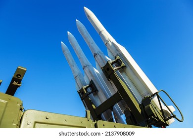 Ground-to-air Self-propelled Medium-range Anti-aircraft Missile System To Combat Maneuvering Aerodynamic Targets. Missiles Of The Air Defense System On Sky Background. Military Equipment.