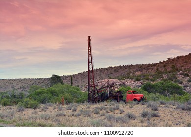 Groundwater Hole Drilling Machine Installed On The Old Truck.  In Arizona.