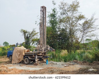 Groundwater Hole Drilling Machine Installed On The Old Truck.