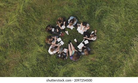 A group of 11 girls are sitting with notebooks on the grass in the park. Drone view.