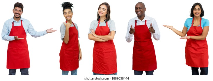 Group of 5 beautiful latin american and african and caucasian waiters and waitresses isolated on white background for cut out - Powered by Shutterstock