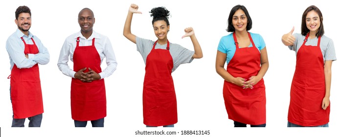 Group Of 5 Fashionable Latin American And African And Caucasian Waiters And Waitresses Isolated On White Background For Cut Out